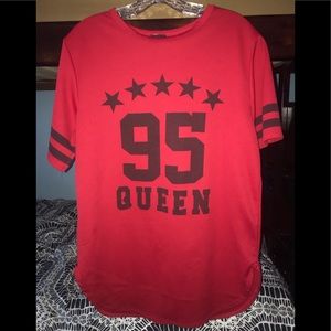 A red graphic T-shirt